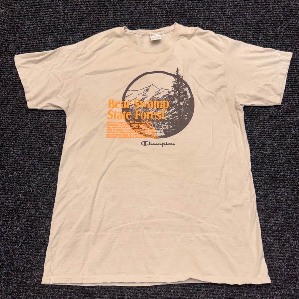 Champion Bear Swamp State Forest Graphic T-Shirt Tan Mens Large Short Sleeve